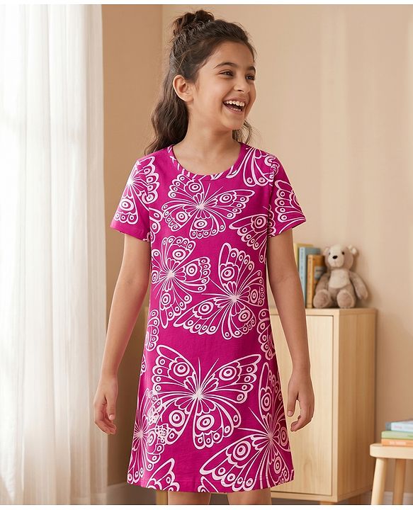 Pine Kids Cotton Knit Half Sleeves Nighty With Butterfly Print - Fuschia