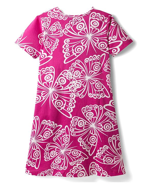 Pine Kids Cotton Knit Half Sleeves Nighty With Butterfly Print - Fuschia