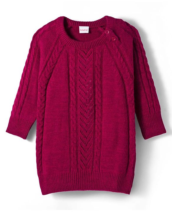 Babyhug Knitted Full Sleeves Pullover Sweater Dress With Cable Knit Design - Dark Pink
