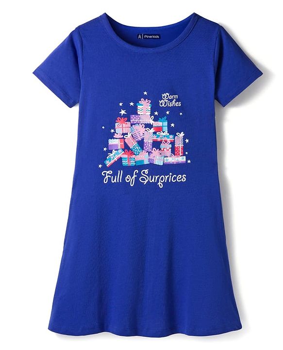 Pine Kids Cotton Knit Half Sleeves Nighty With Text Print - Blue
