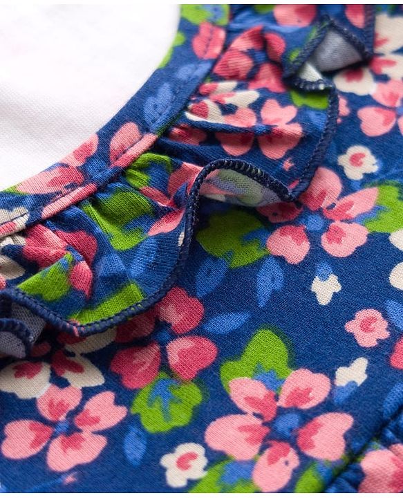 Babyhug Single Jersey Knit Half Sleeves Frock With Floral Print - Blue & White