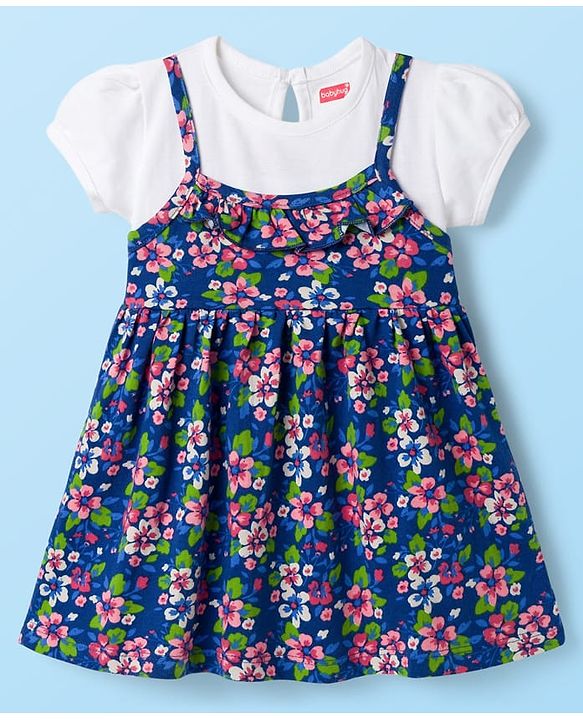 Babyhug Single Jersey Knit Half Sleeves Frock With Floral Print - Blue & White