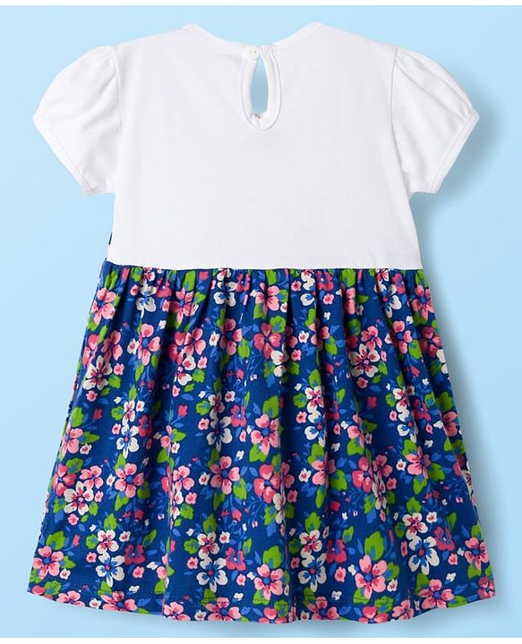 Babyhug Single Jersey Knit Half Sleeves Frock With Floral Print - Blue & White