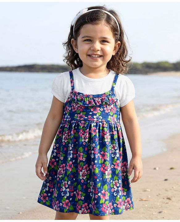 Babyhug Single Jersey Knit Half Sleeves Frock With Floral Print - Blue & White