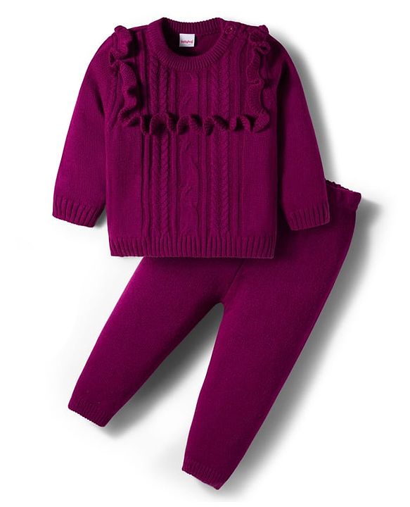 Babyhug Knit Full Sleeves Sweater Sets With Frill Detailing & Cable Knit Design - Wine