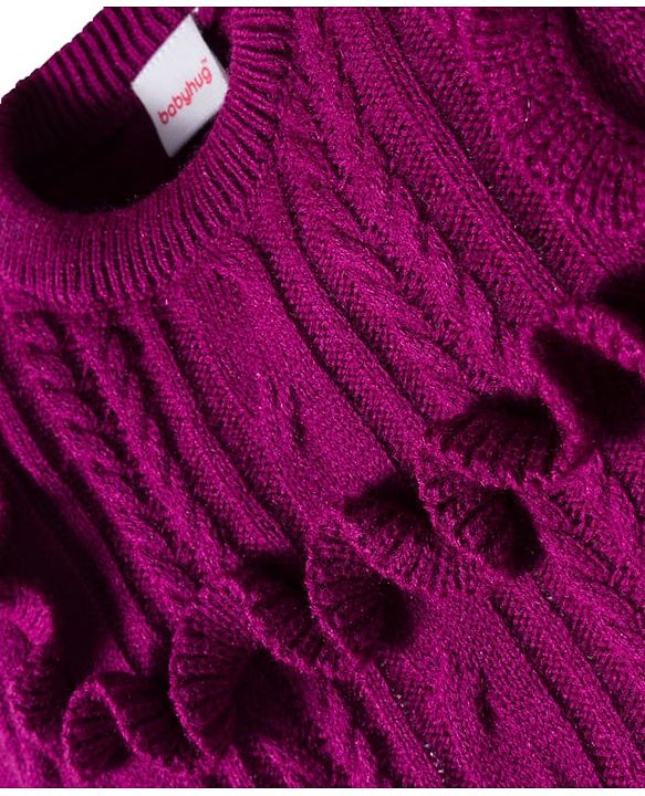 Babyhug Knit Full Sleeves Sweater Sets With Frill Detailing & Cable Knit Design - Wine