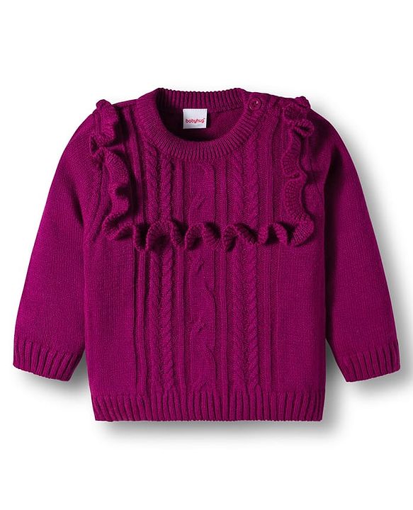 Babyhug Knit Full Sleeves Sweater Sets With Frill Detailing & Cable Knit Design - Wine