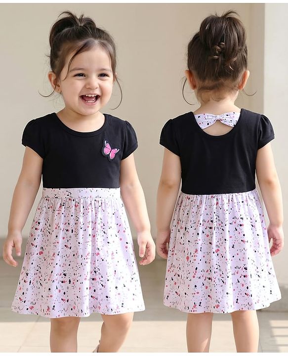 Babyhug Single Jersey Knit Half Sleeves Printed Frock with Butterfly Patch - Multicolor