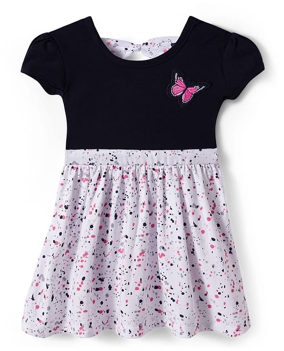 Babyhug Single Jersey Knit Half Sleeves Printed Frock with Butterfly Patch - Multicolor
