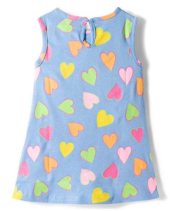 Babyhug Single Jersey Knit Sleeveless  Frock With Heart Print - Blue
