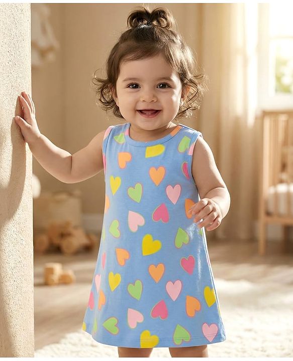 Babyhug Single Jersey Knit Sleeveless  Frock With Heart Print - Blue