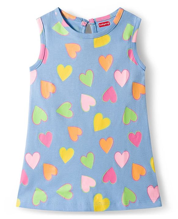 Babyhug Single Jersey Knit Sleeveless  Frock With Heart Print - Blue