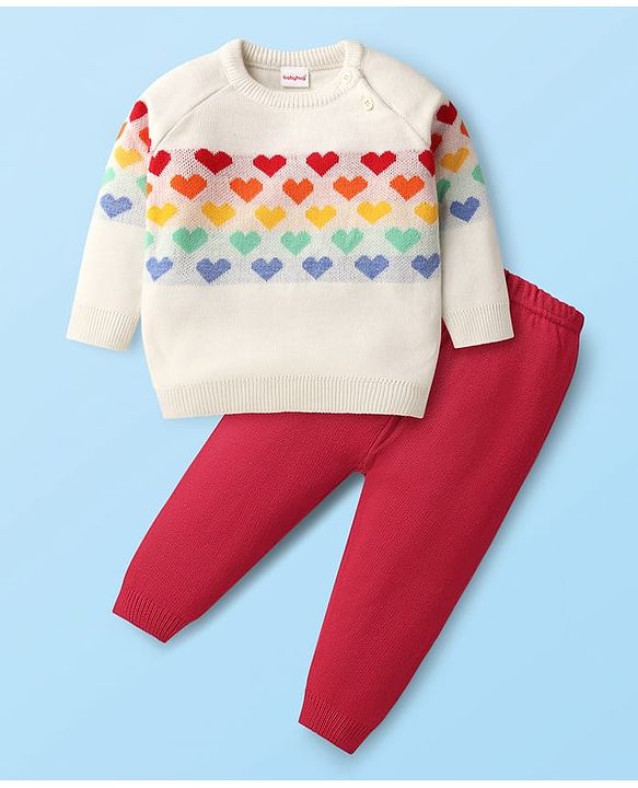 Babyhug Knit Raglan Full Sleeves Hearts Designed Pullover Sweater & Pant Set - White & Red
