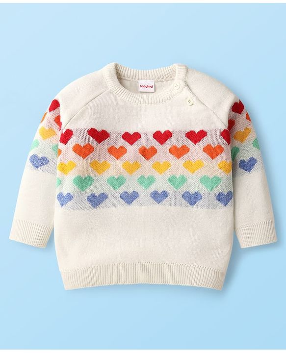 Babyhug Knit Raglan Full Sleeves Hearts Designed Pullover Sweater & Pant Set - White & Red