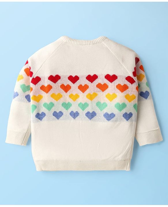 Babyhug Knit Raglan Full Sleeves Hearts Designed Pullover Sweater & Pant Set - White & Red