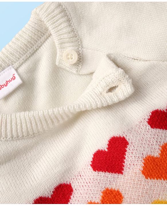 Babyhug Knit Raglan Full Sleeves Hearts Designed Pullover Sweater & Pant Set - White & Red