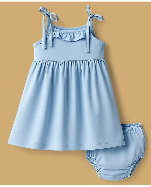 Babyhug Single Jersey Knit Sleeveless Solid Frock With Bloomer - Light Blue