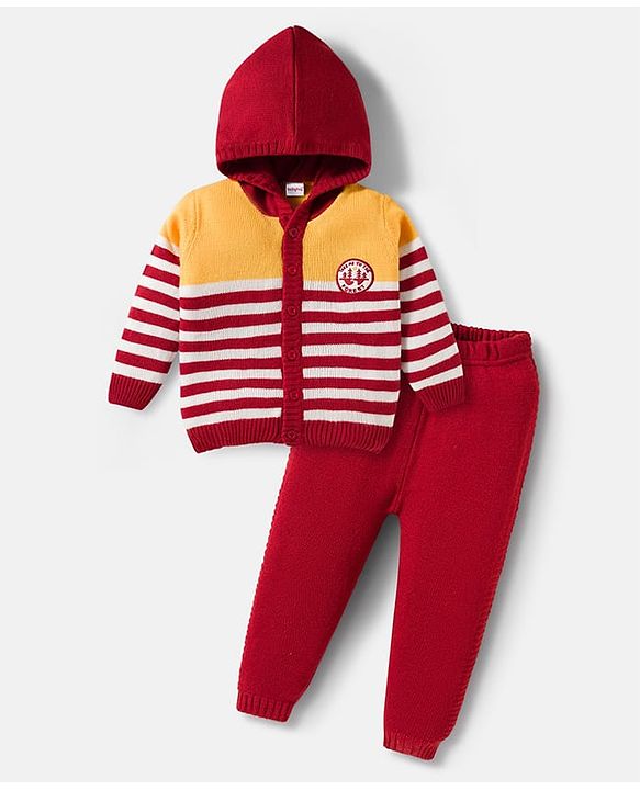 Babyhug Knitted Full Sleeves Hooded Sweater Set With Forest Patch - Red