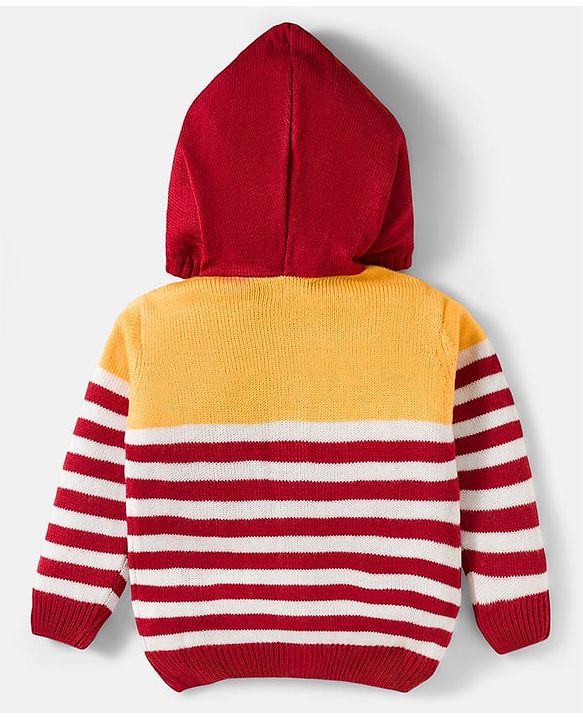 Babyhug Knitted Full Sleeves Hooded Sweater Set With Forest Patch - Red