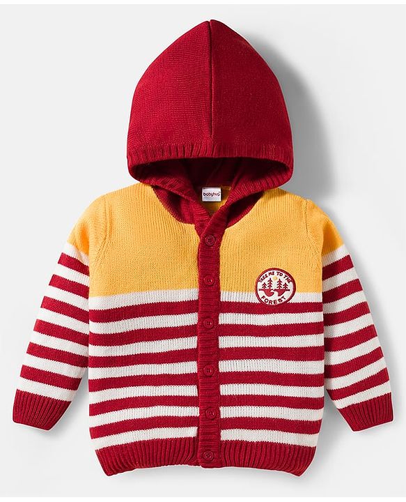 Babyhug Knitted Full Sleeves Hooded Sweater Set With Forest Patch - Red