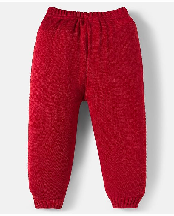 Babyhug Knitted Full Sleeves Hooded Sweater Set With Forest Patch - Red