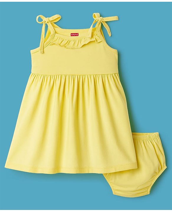 Babyhug Single Jersey Knit Sleeveless Solid Frock With Bloomer - Yellow