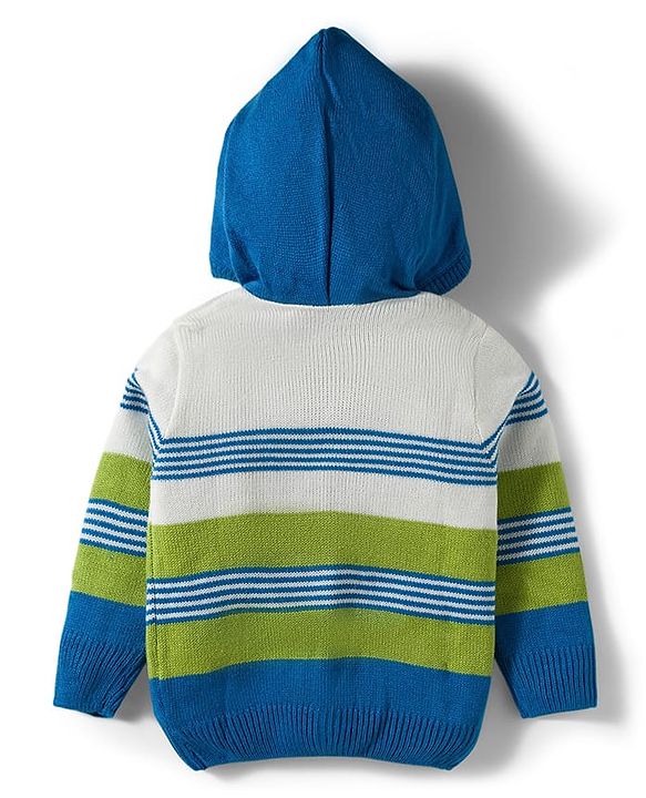 Babyhug Knit Full Sleeves Front Open Hooded Sweater Set with Stripes - Blue & Green