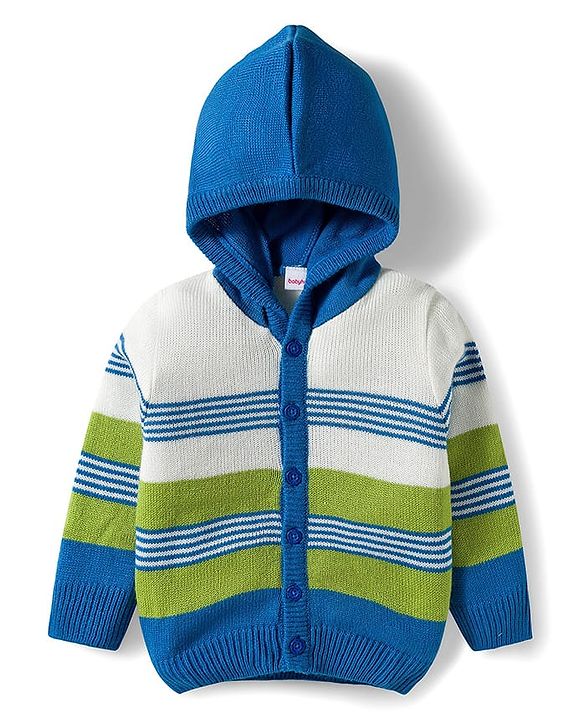 Babyhug Knit Full Sleeves Front Open Hooded Sweater Set with Stripes - Blue & Green