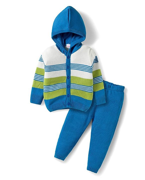 Babyhug Knit Full Sleeves Front Open Hooded Sweater Set with Stripes - Blue & Green