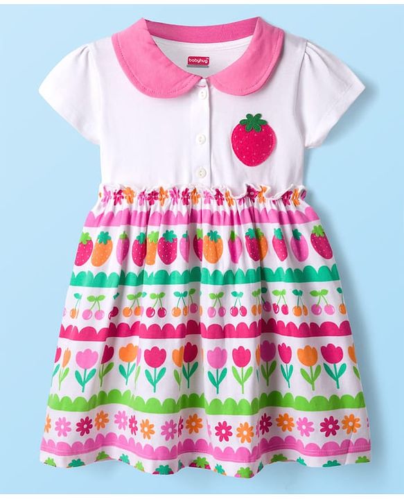 Babyhug Single Jersey Knit Half Sleeves Frock with Tropical Theme Print - Pink