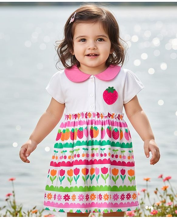 Babyhug Single Jersey Knit Half Sleeves Frock with Tropical Theme Print - Pink