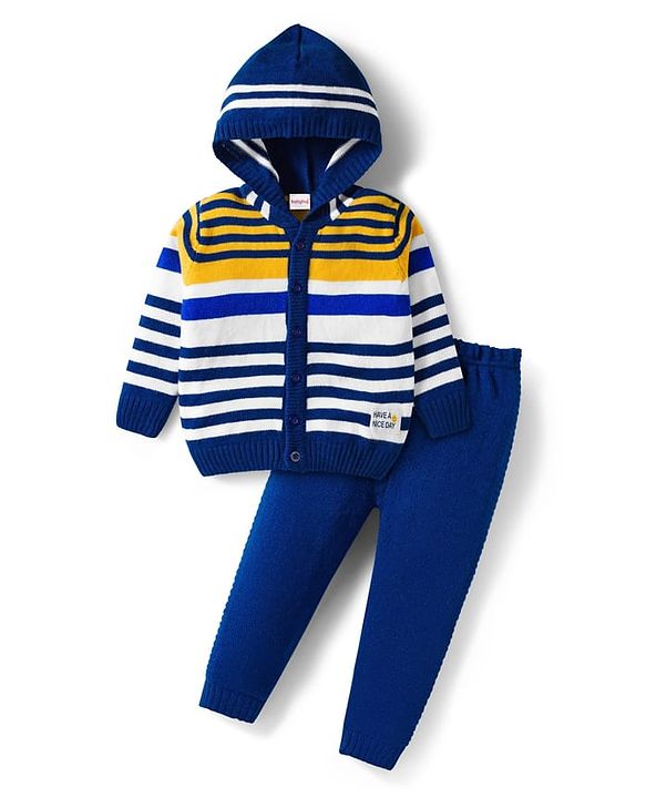 Babyhug Knit Full Sleeves Front Open Hooded Sweater & Pant Set with Stripes - Navy Blue