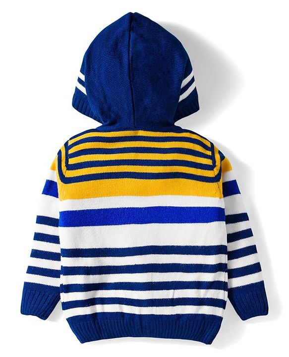 Babyhug Knit Full Sleeves Front Open Hooded Sweater & Pant Set with Stripes - Navy Blue