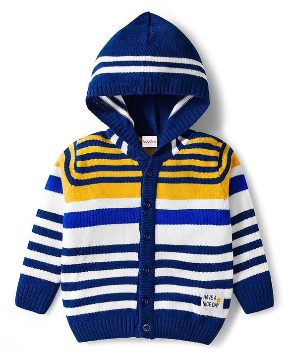 Babyhug Knit Full Sleeves Front Open Hooded Sweater & Pant Set with Stripes - Navy Blue