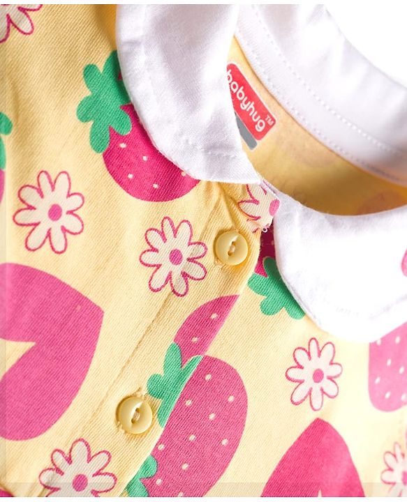 Babyhug Single Jersey Knit Half Sleeves Front Open Frock with Tropical Theme Print - Mustard
