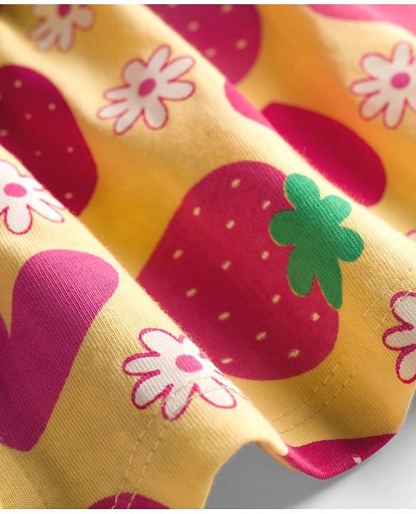 Babyhug Single Jersey Knit Half Sleeves Front Open Frock with Tropical Theme Print - Mustard