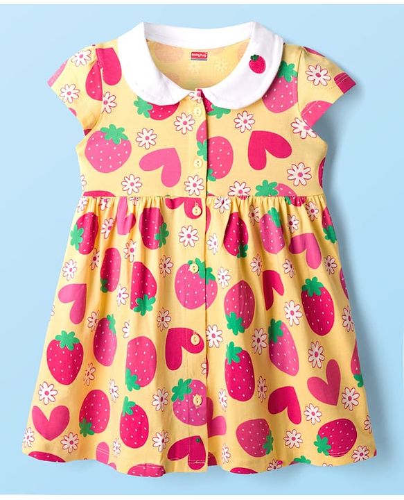 Babyhug Single Jersey Knit Half Sleeves Front Open Frock with Tropical Theme Print - Mustard