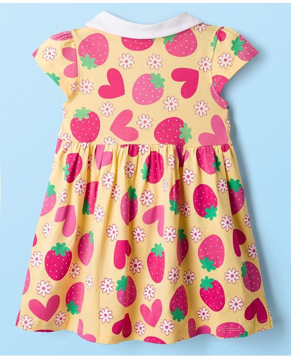 Babyhug Single Jersey Knit Half Sleeves Front Open Frock with Tropical Theme Print - Mustard