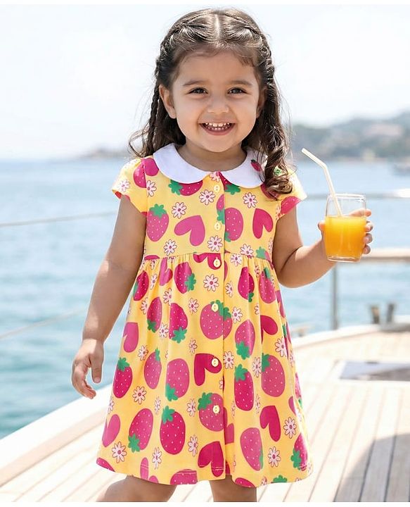 Babyhug Single Jersey Knit Half Sleeves Front Open Frock with Tropical Theme Print - Mustard