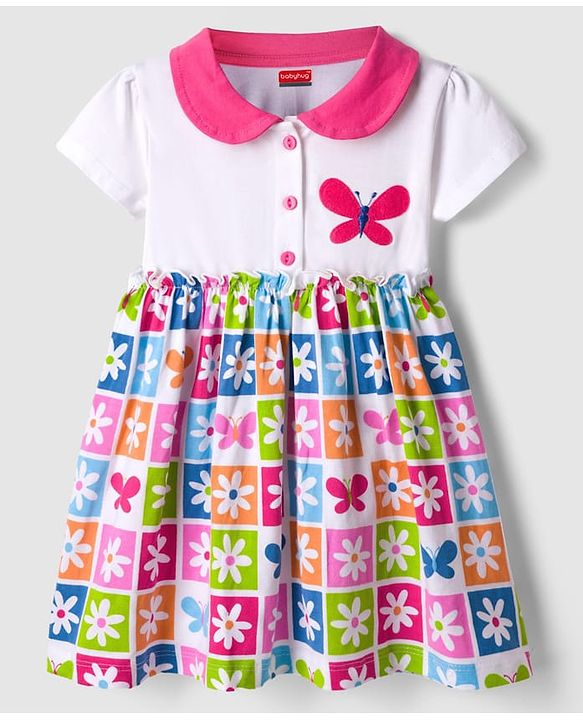 Babyhug Single Jersey Knit Half Sleeves Frock with Floral Print - White