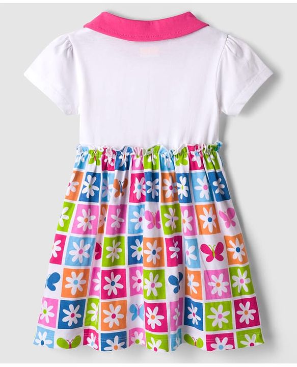 Babyhug Single Jersey Knit Half Sleeves Frock with Floral Print - White