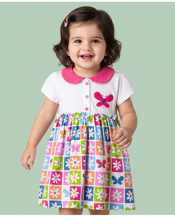 Babyhug Single Jersey Knit Half Sleeves Frock with Floral Print - White