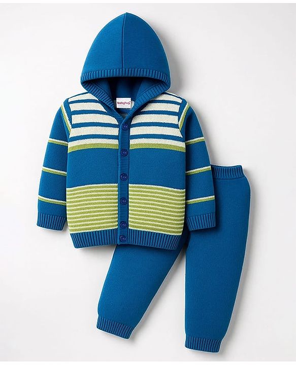 Babyhug Knit Full Sleeves Hooded Front Open Sweater Set with Stripes - Royal Blue