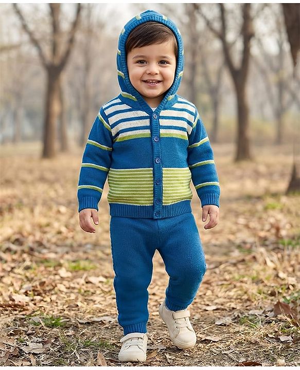Babyhug Knit Full Sleeves Hooded Front Open Sweater Set with Stripes - Royal Blue