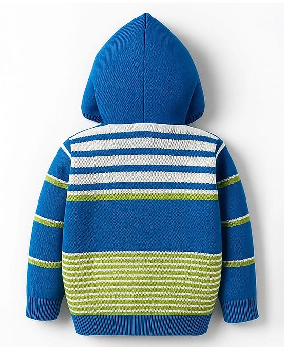 Babyhug Knit Full Sleeves Hooded Front Open Sweater Set with Stripes - Royal Blue