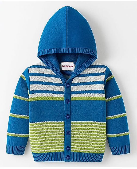 Babyhug Knit Full Sleeves Hooded Front Open Sweater Set with Stripes - Royal Blue