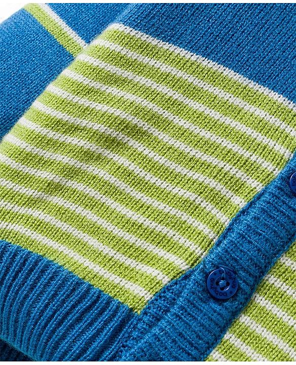 Babyhug Knit Full Sleeves Hooded Front Open Sweater Set with Stripes - Royal Blue