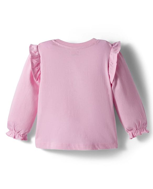 Babyhug 100% Cotton Knit Full Sleeves Top with Frill Text Print & Embroidery - Pink