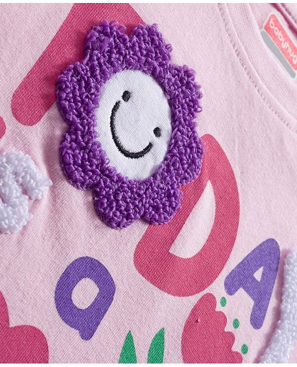 Babyhug 100% Cotton Knit Full Sleeves Top with Frill Text Print & Embroidery - Pink