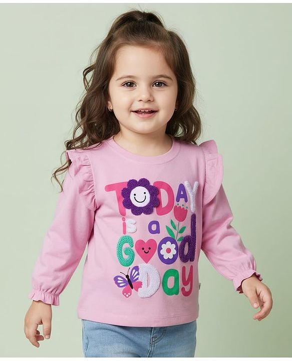 Babyhug 100% Cotton Knit Full Sleeves Top with Frill Text Print & Embroidery - Pink